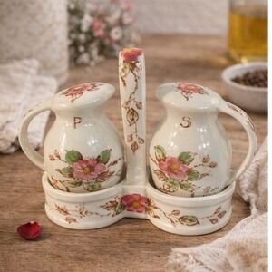 Nasco "Springtime" Salt & Pepper Shakers w/ Caddy Vtg Japan Floral Stoneware Set